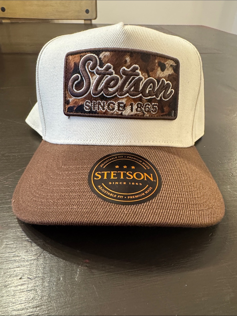Stetson Two-Tone Trucker Hat - Cream & Brown with Leopard Patch